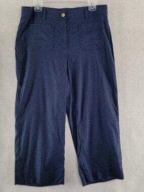 J Jill Womens Pants Linen Stretch Wide Leg Crop Size Medium Navy Blue Coastal
